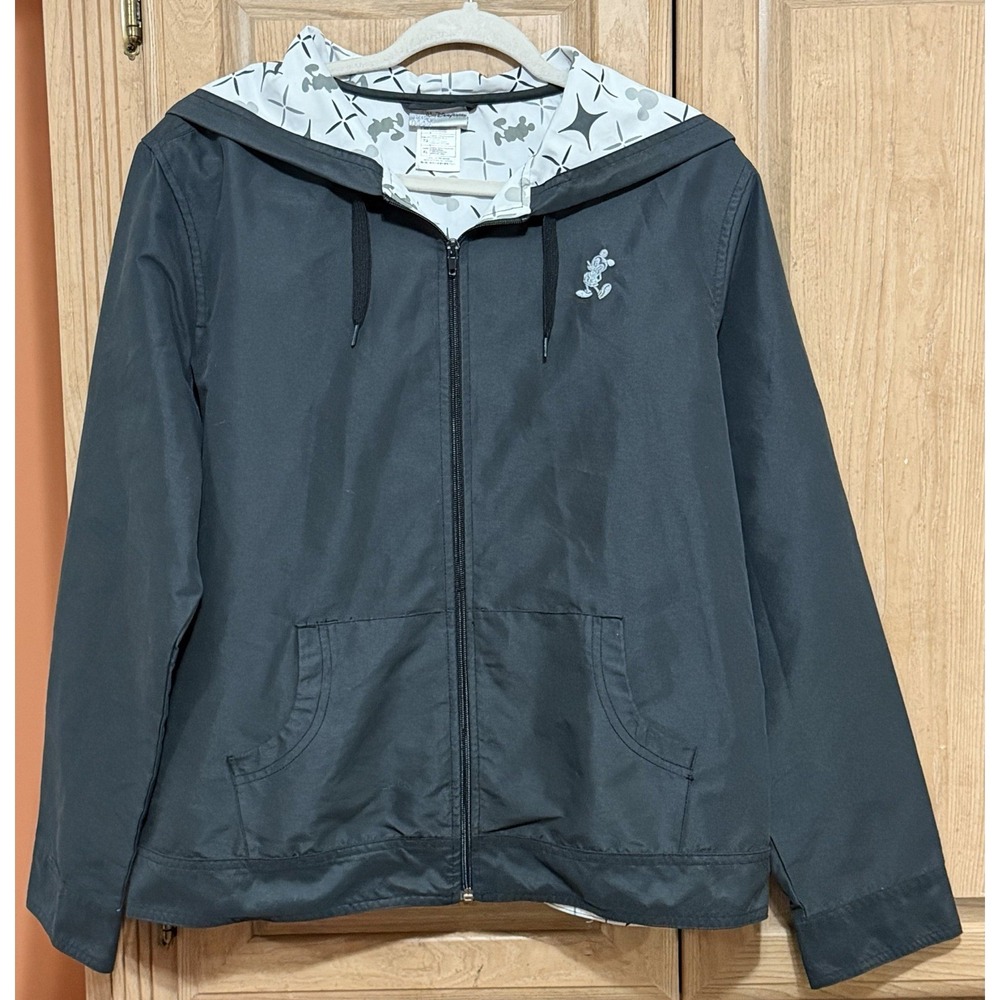 Walt Disney World Windbreaker Jacket Womens XL Black Gray Mickey Hooded Full Zip